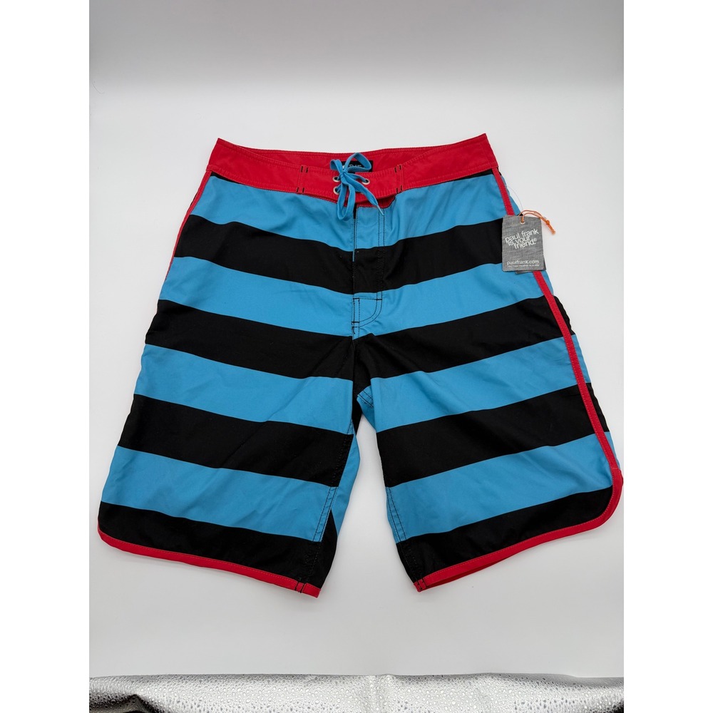 Paul Frank Vintage The Point Board Shorts Blue Black Striped Swim Trunks Size 30